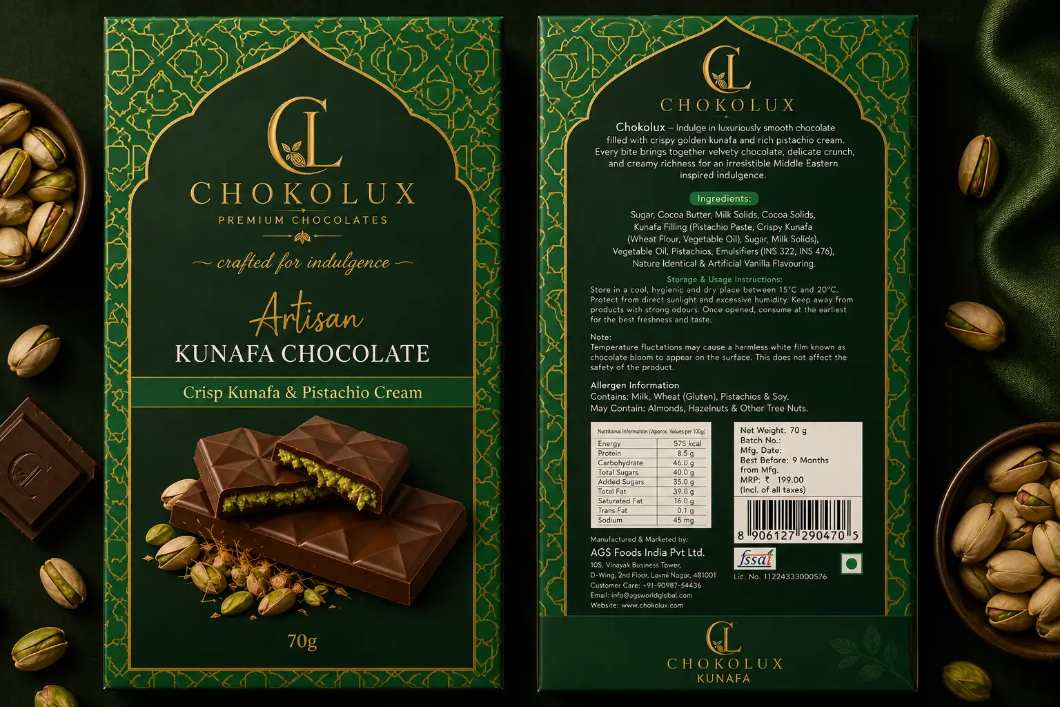 CHOKOLUX Artisan Kunafa Chocolate 70g with crispy kunafa and pistachio cream