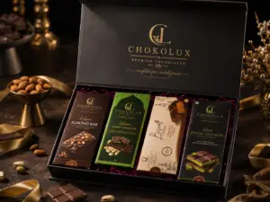 CHOKOLUX Chocolate Bars Gift Box with four artisan bars: Almond, Kunafa, Biscoff and Pistachio