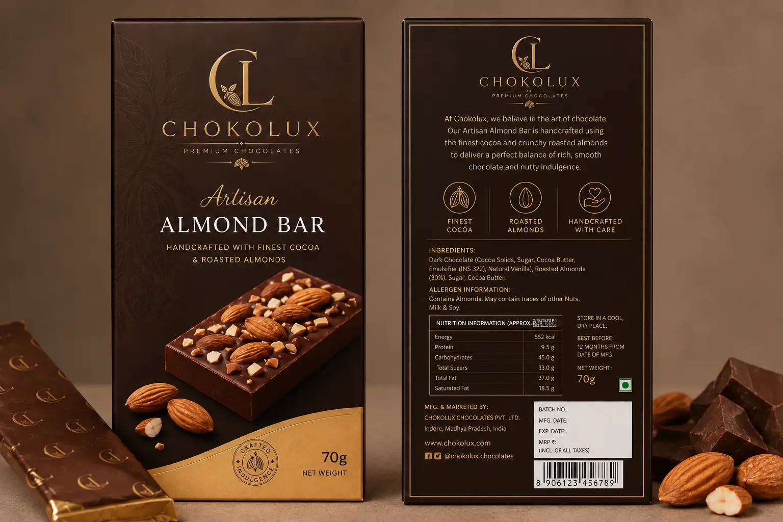 CHOKOLUX Artisan Almond Chocolate Bar 70g packaging