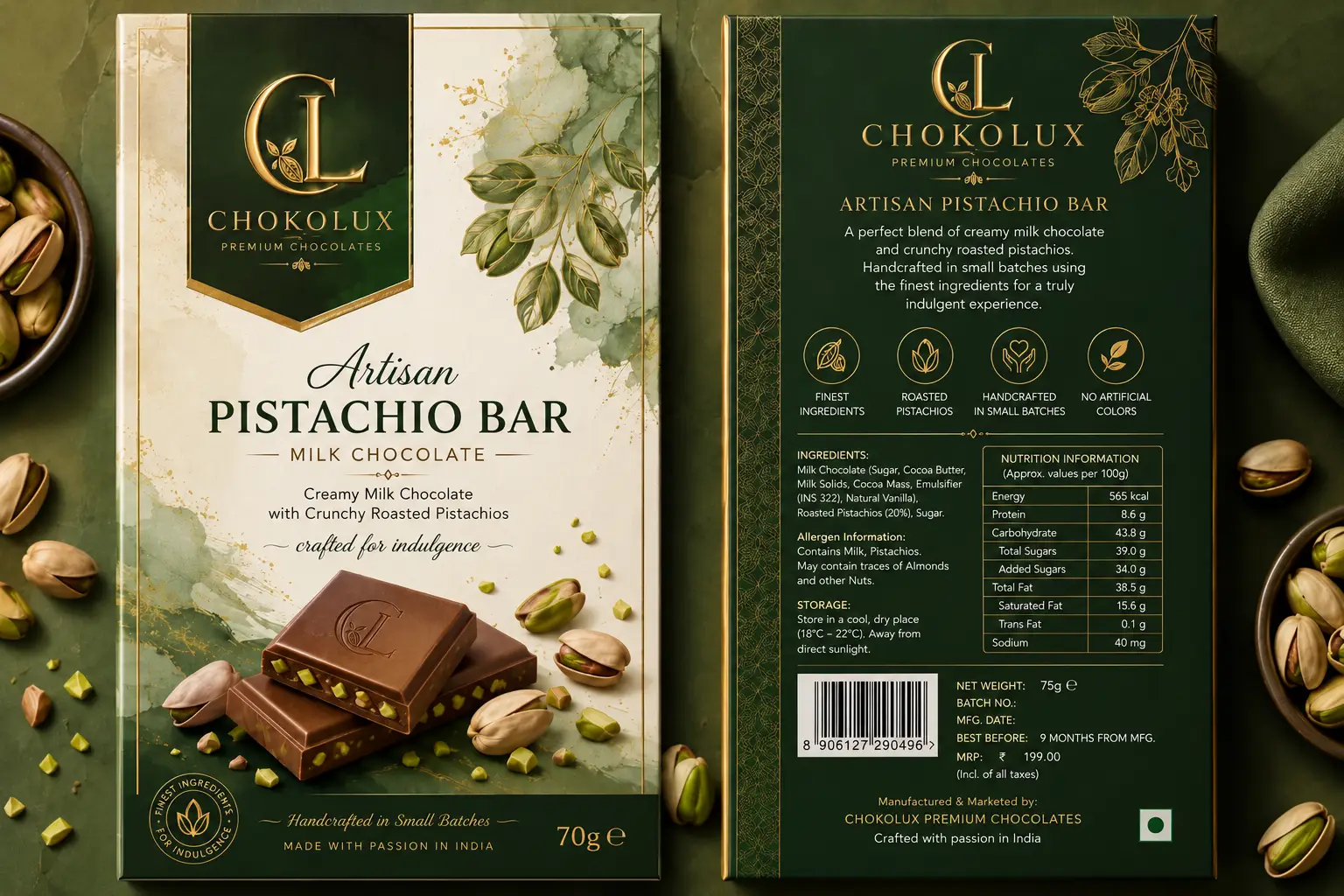 CHOKOLUX Artisan Pistachio Chocolate Bar 70g with roasted pistachios